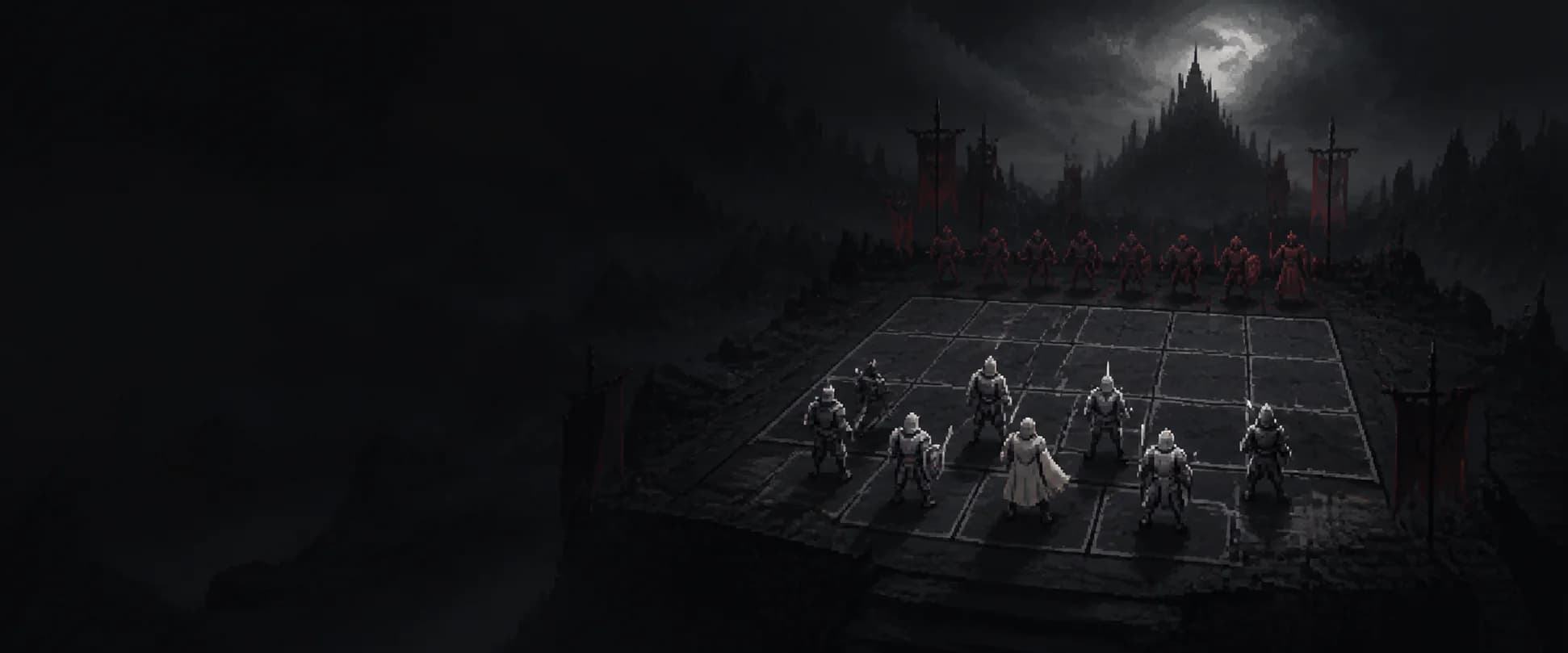 Pixel-art company facing enemy formations across a moonlit tactical battlefield