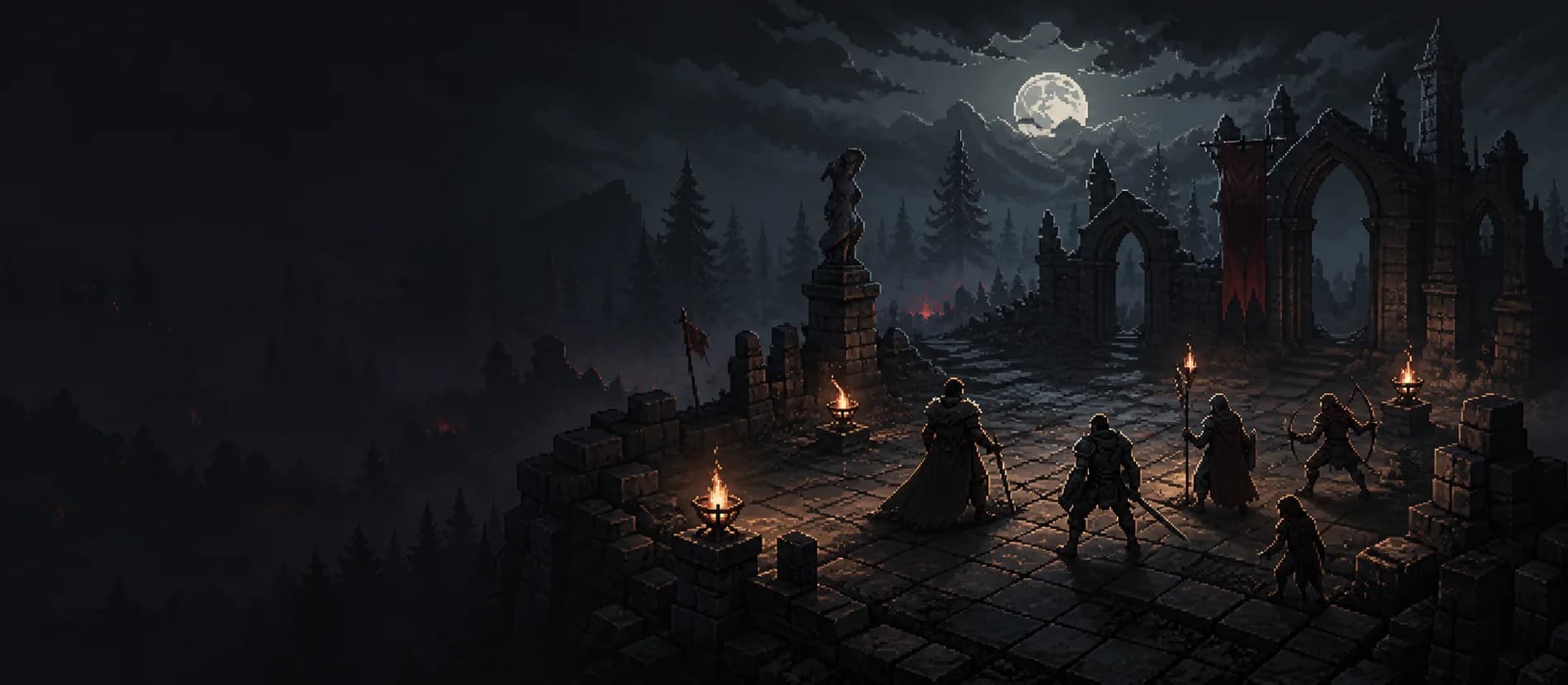 A company assembling on a moonlit ruined courtyard before battle
