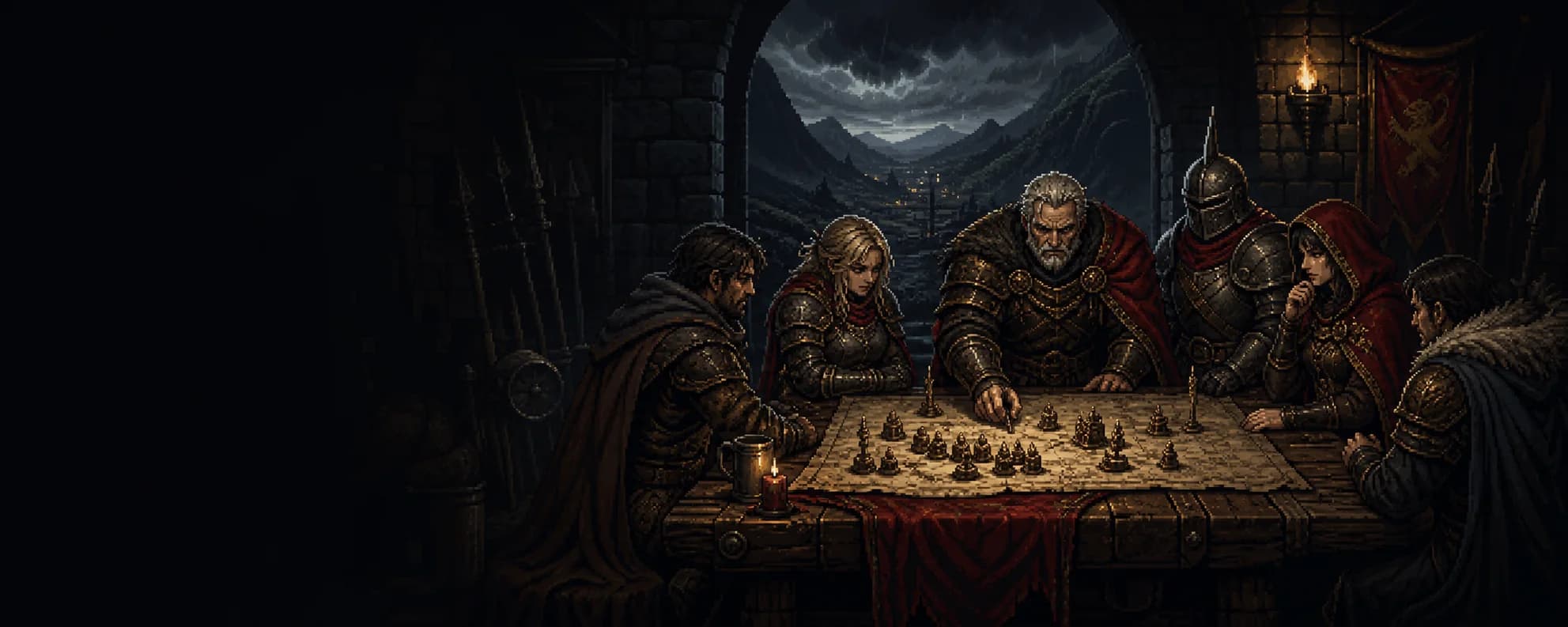 Adventurers planning a formation around a torchlit campaign table