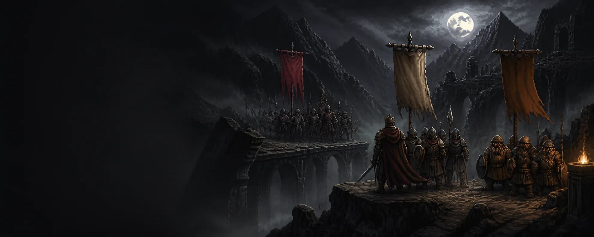 Three rival companies meeting beneath weathered banners in a mountain pass