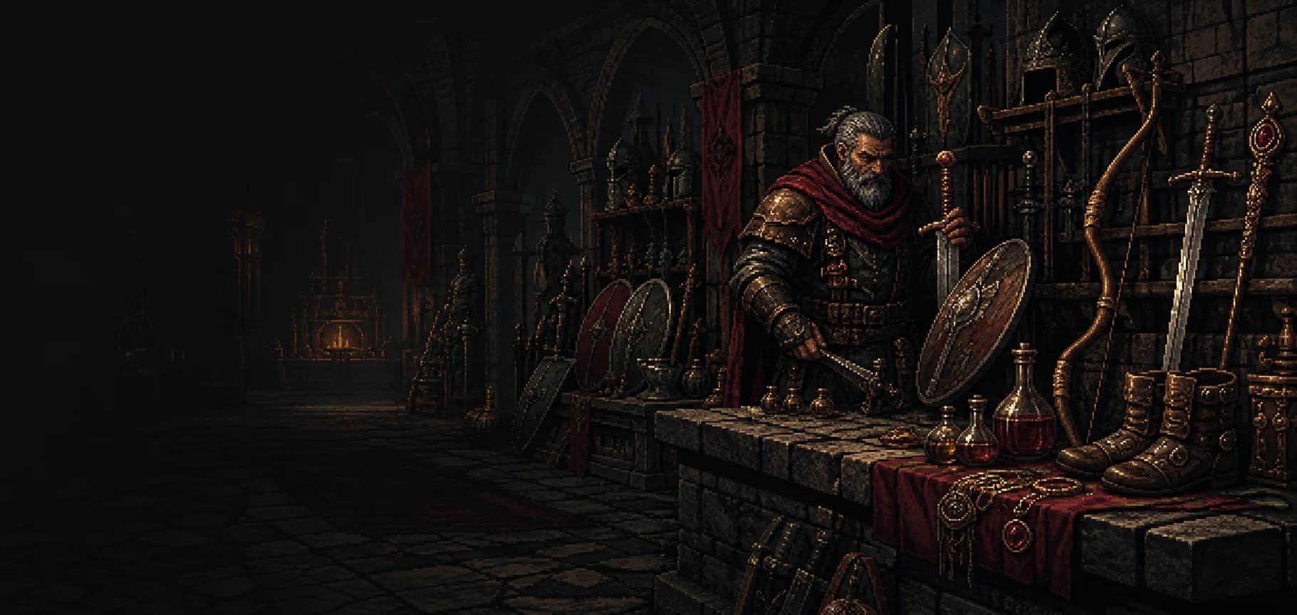 A quartermaster selecting weapons and relics inside a dark fortress armory