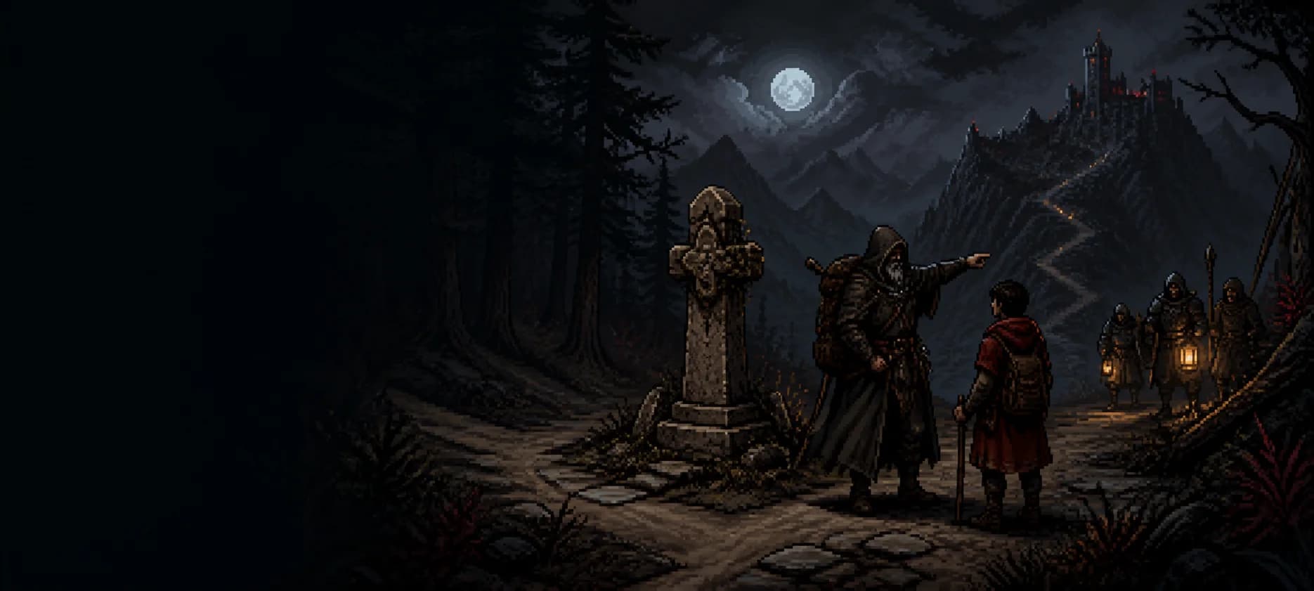 A veteran pathfinder guiding an adventurer at a moonlit crossroads