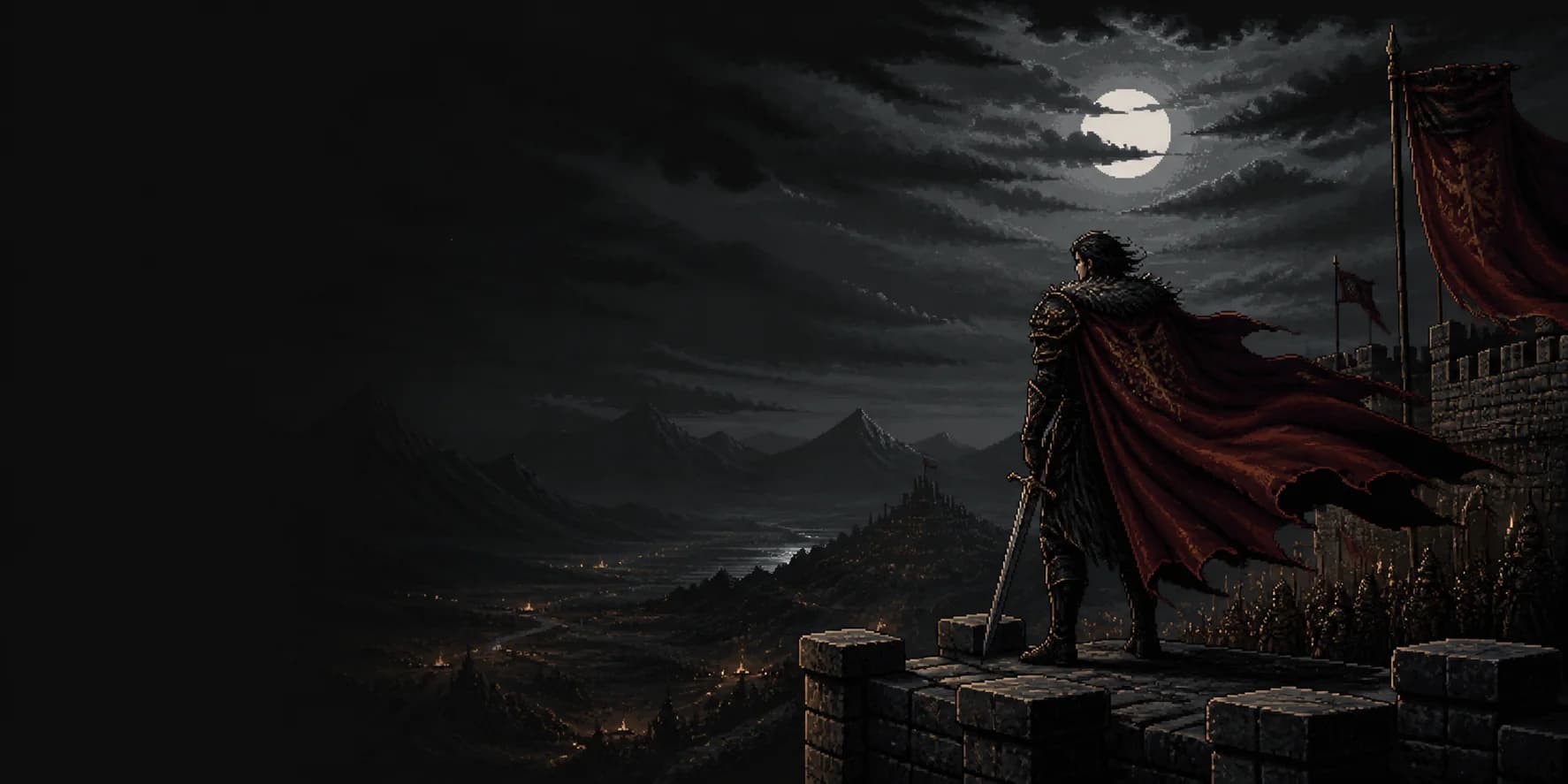 A company leader overlooking a moonlit valley from a fortress battlement