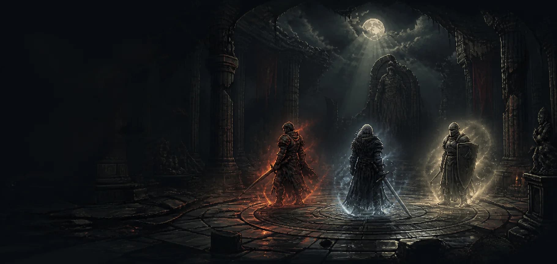 Three warriors awakening different powers inside a ruined sanctuary