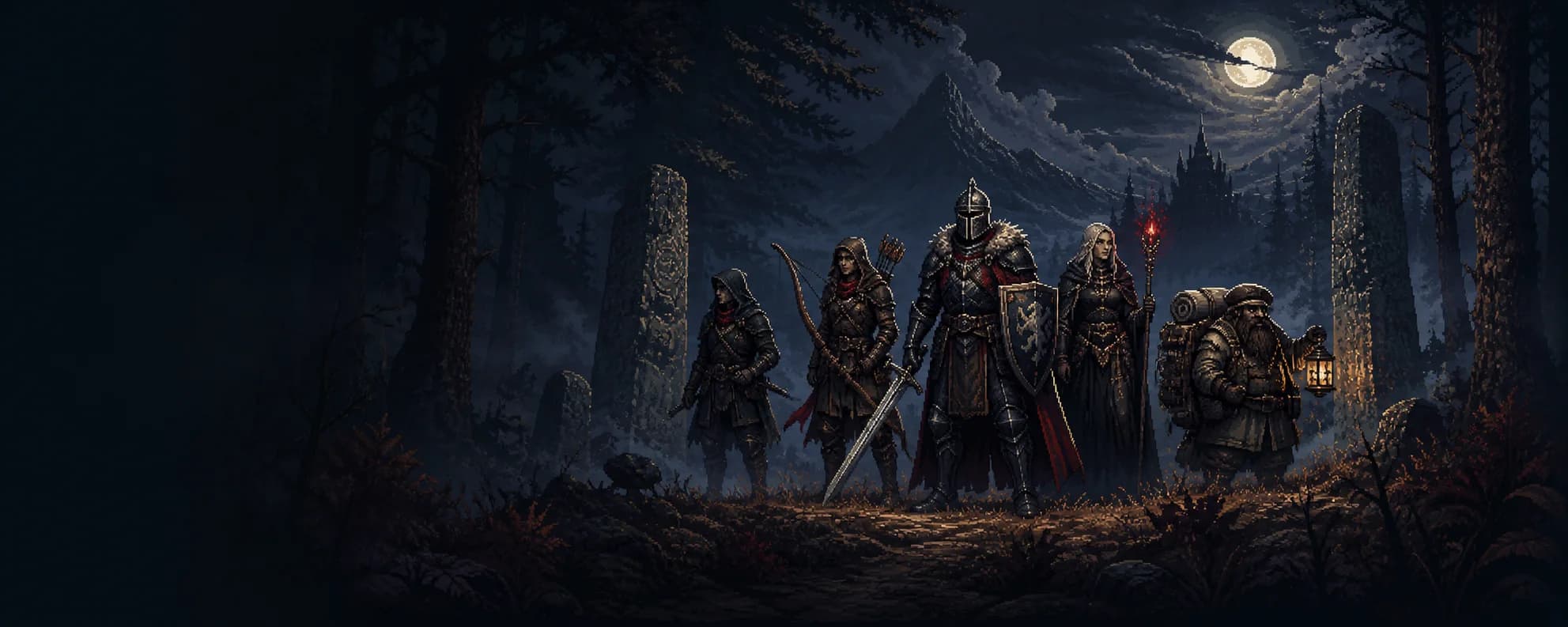 A varied fellowship assembling beneath the moon before a campaign