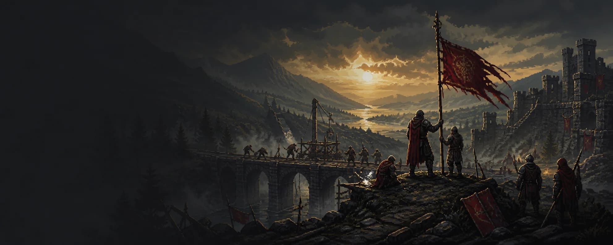 A company rebuilding a bridge and raising its banner after battle