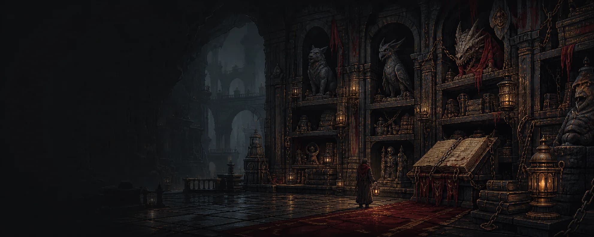 An ancient underground archive filled with relics and chained tomes