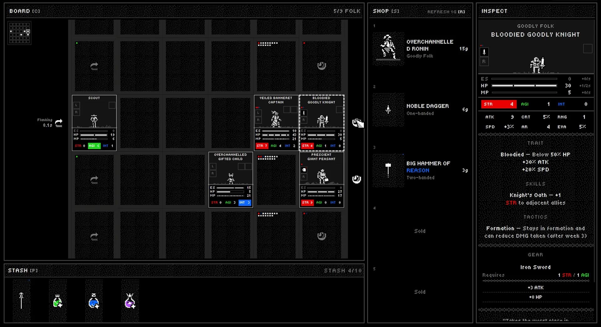 Goodly Trials in-game board with unit cards arranged in formation, a shop list, and a unit inspection panel