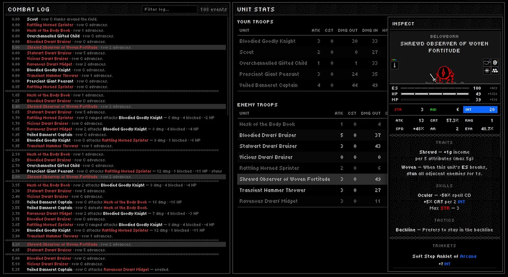 Goodly Trials combat log, troop statistics, and inspected unit card with Backline tactic