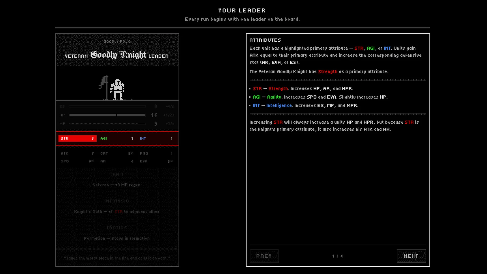 Goodly Trials leader training screen with a leader card and stat explanations