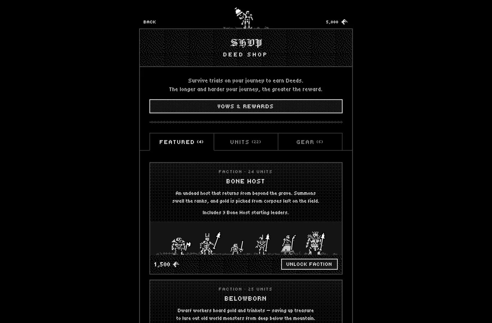 Goodly Trials Deed Shop with progression rewards and faction unlock cards